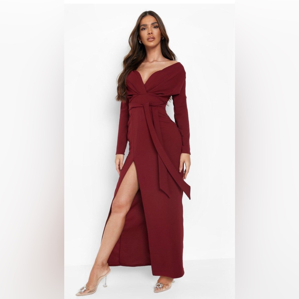 Boohoo red off the shoulder split maxi dress | Make an offer!